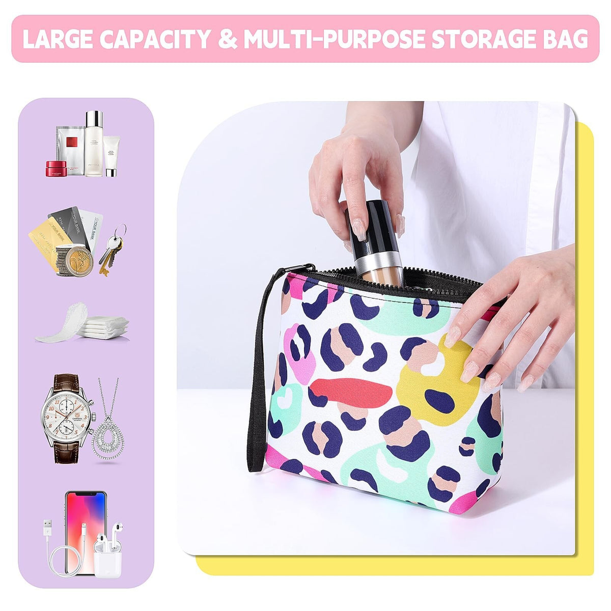 Large Neoprene Makeup Bag with Handle - Travel Cosmetic Organizer, Washable, Colorful Hearts