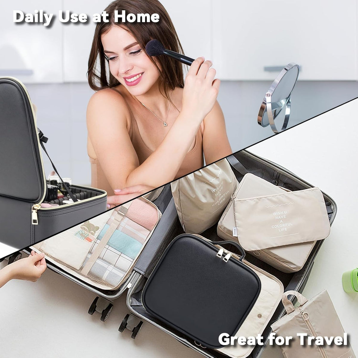 Travel Makeup Bag with LED Mirror and 10X Magnifying Glass - Portable Organizer