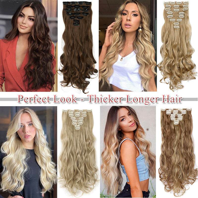 Clip-In Hair Extensions Full Head Ombre Highlight Synthetic Thick Hair 8-24 Inches