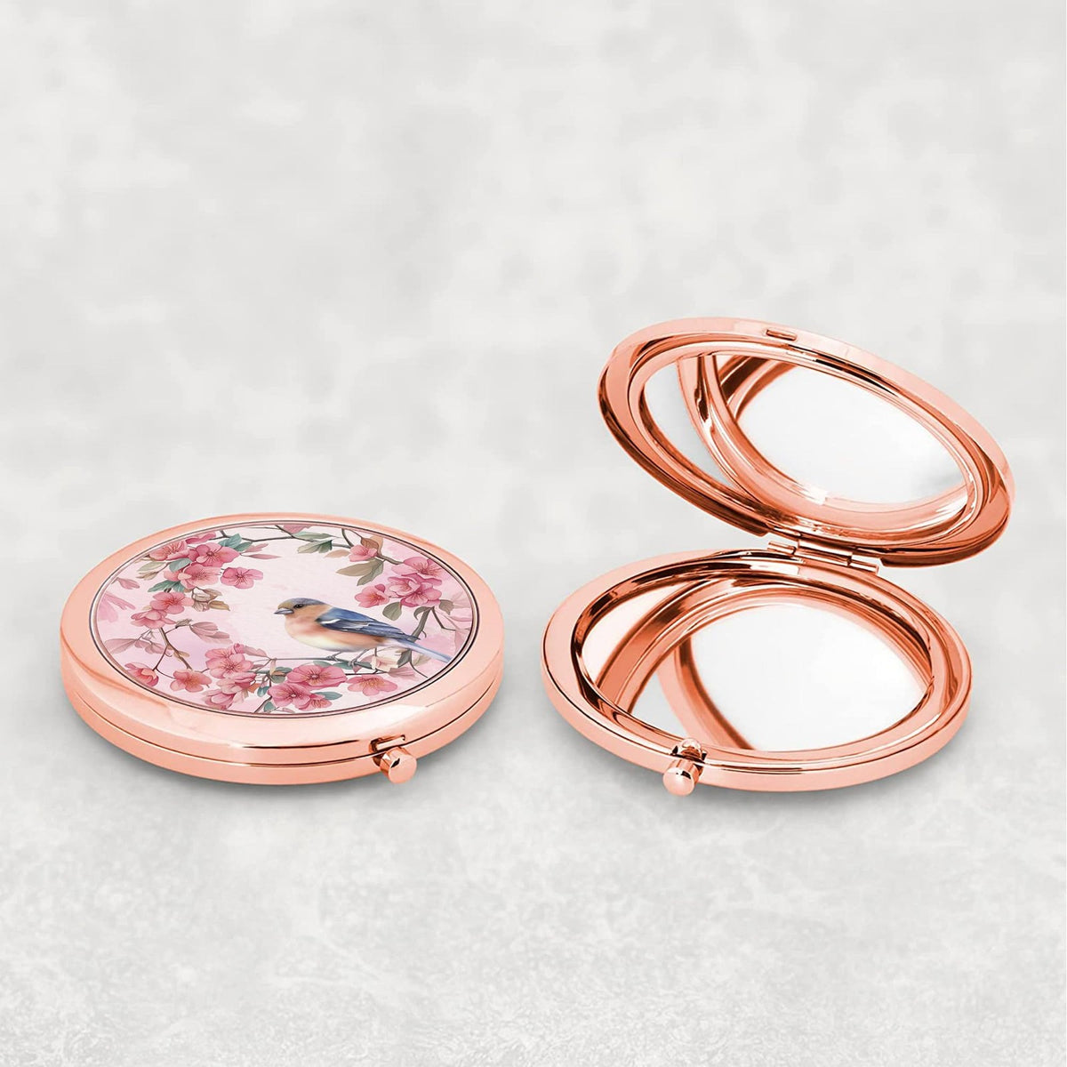 Rose Gold Compact Mirror with 2x Magnification for Women - Portable Bird Watercolour Design