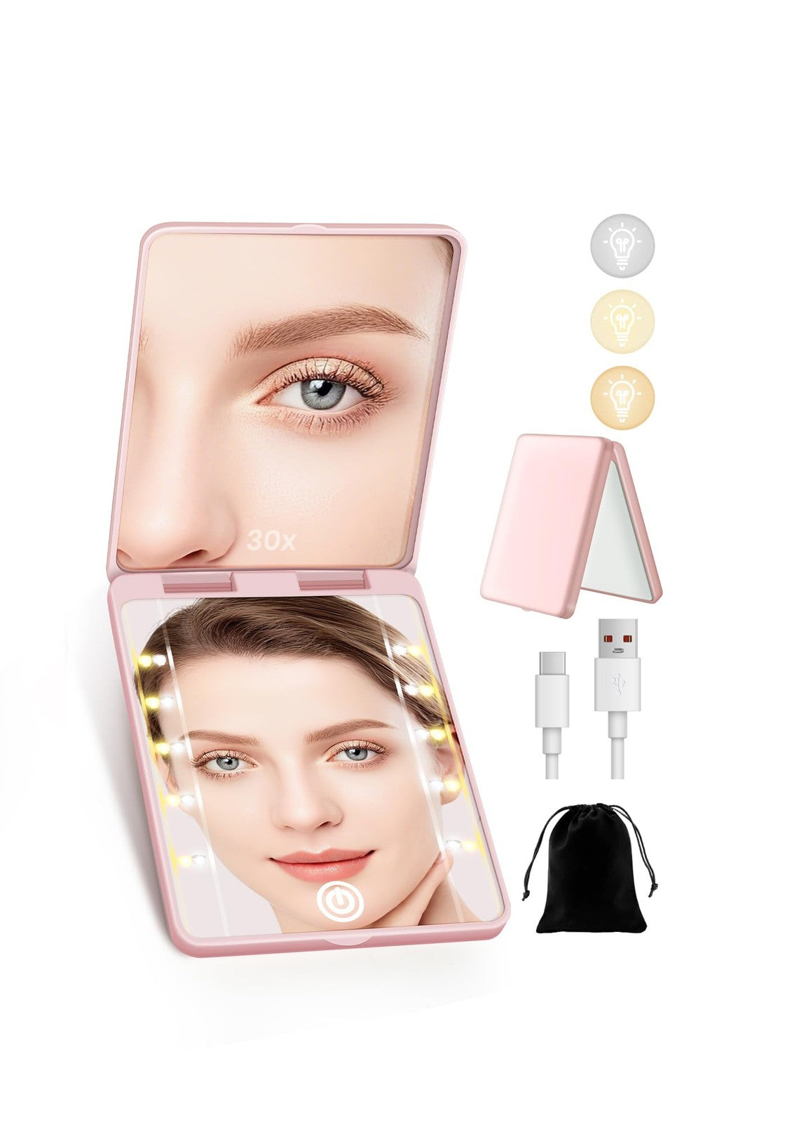 Rechargeable 30X Magnifying Compact Mirror with 3 Lighting Modes - Travel Makeup Mirror