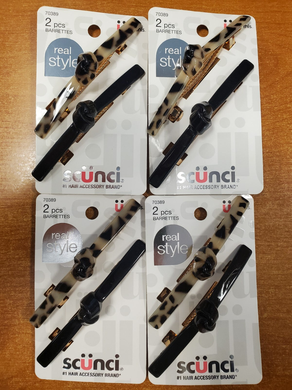 4 Pks of 2: Scunci Barrettes Knot Bar Style Faux Tortoise & Black