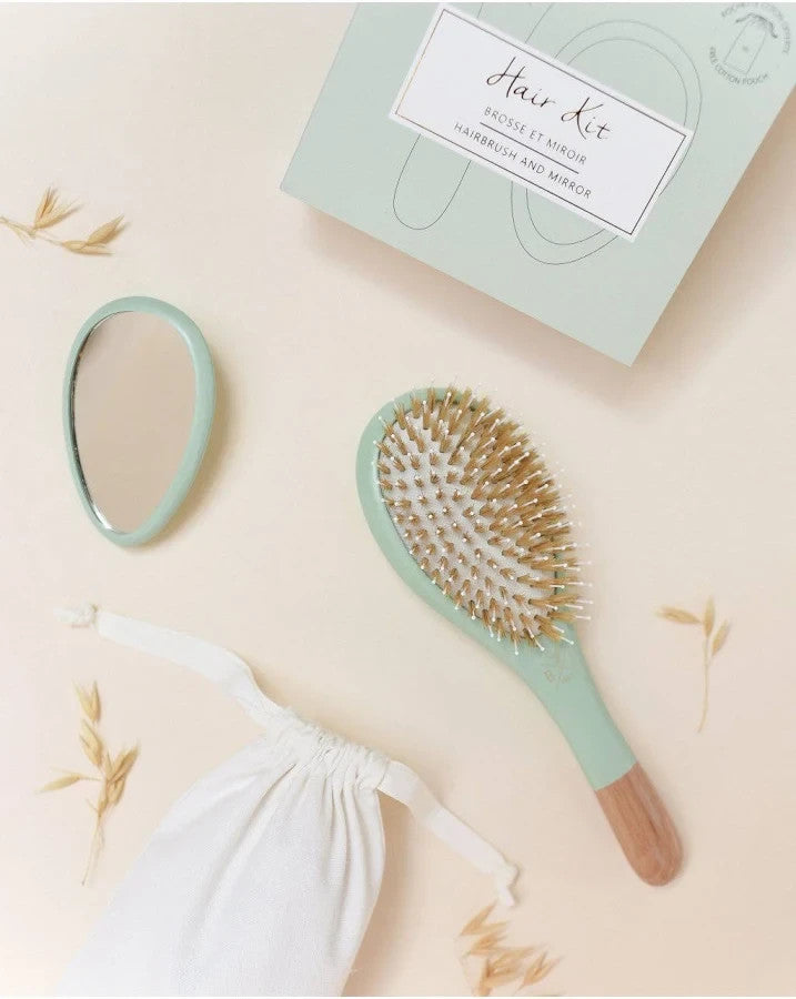 Green Hair Care Kit with Detangling Brush and Mirror - 3 Piece Set