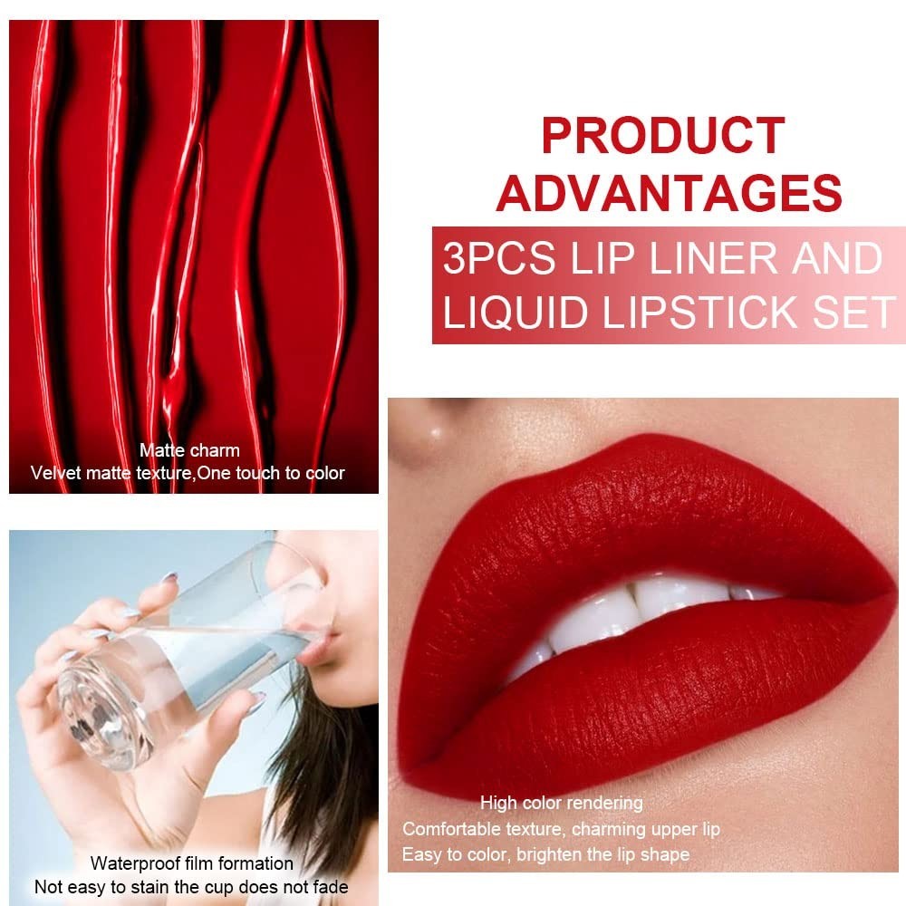 24-Hour Waterproof Lip Set with Lip Liner & Liquid Lipstick - Ruby Red