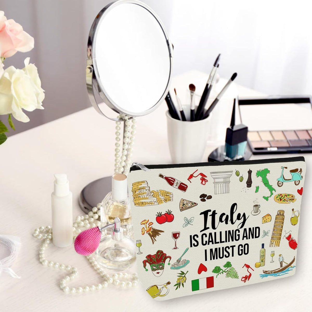 Italy Travel Cosmetic Bag - Waterproof Makeup Organizer for Women & Girls