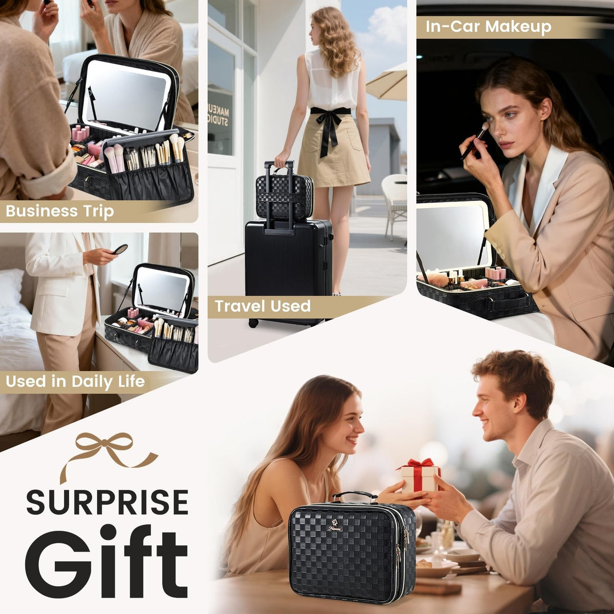 Travel Makeup Bag with LED Lighted Mirror and Double Layer Storage