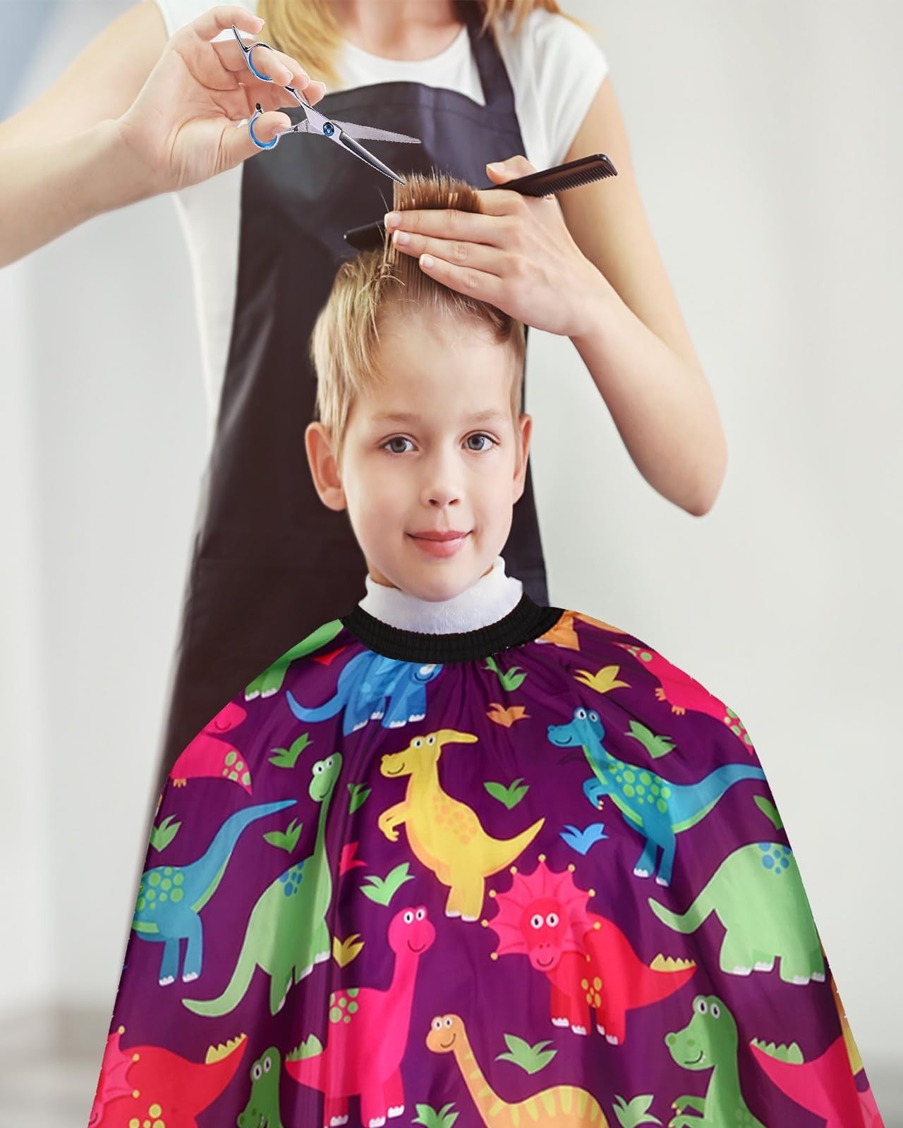 Kids Barber Cape with Neck Duster Brush, Cartoon Dinosaur, Full Coverage