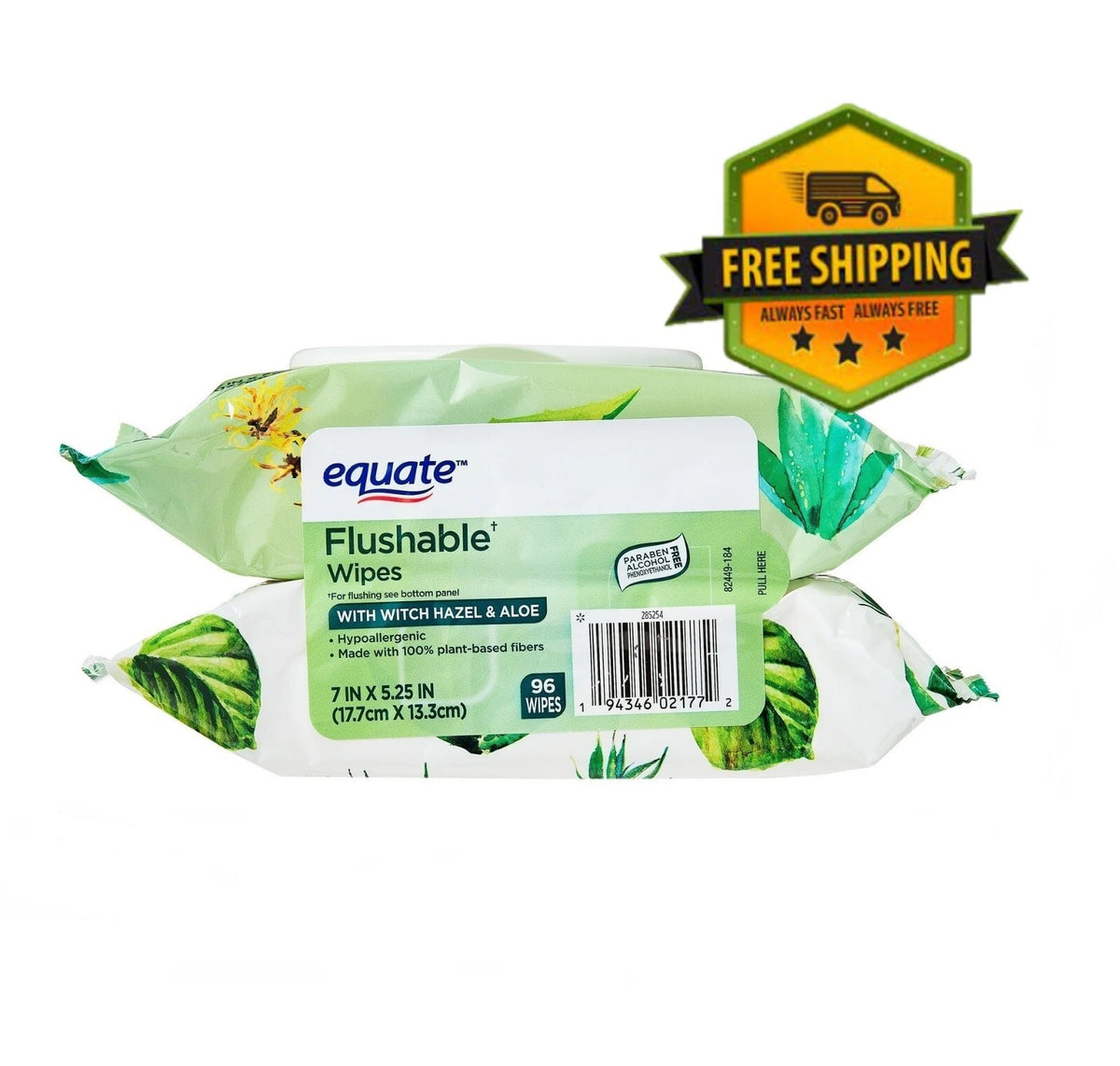 Flushable Wet Wipes with Witch Hazel & Aloe - 96 Wipes, 2 Pack