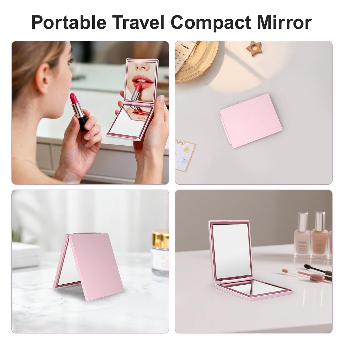 Portable Travel Compact Mirror with 1x/3x Magnification Pink