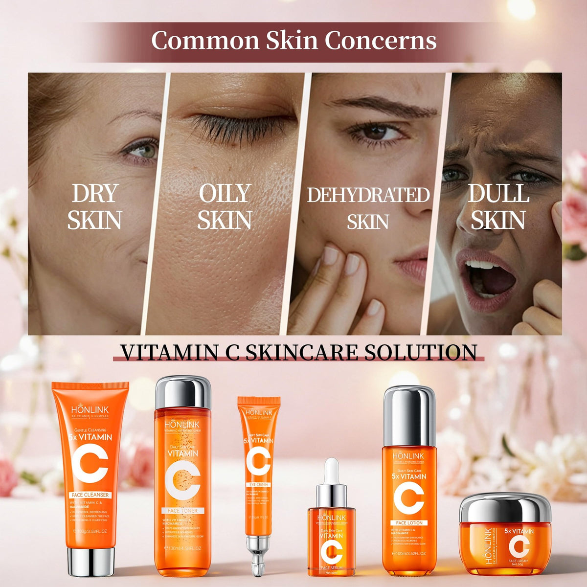 Vitamin C Niacinamide Facial Skincare Set - Complete 6-Step Routine for All Skin Types