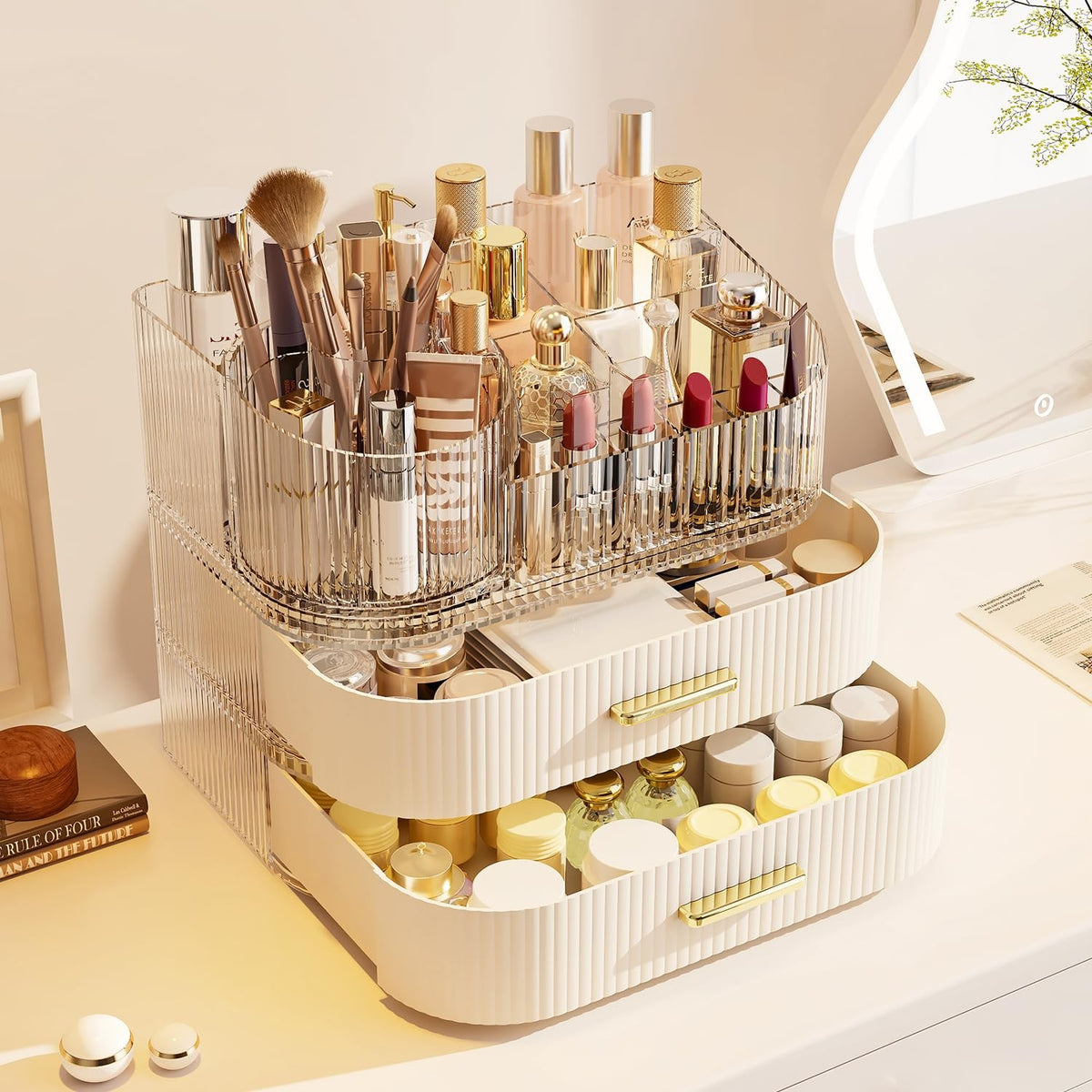 Stackable Makeup Organizer with Rotating Brush Holder and Large Display Case