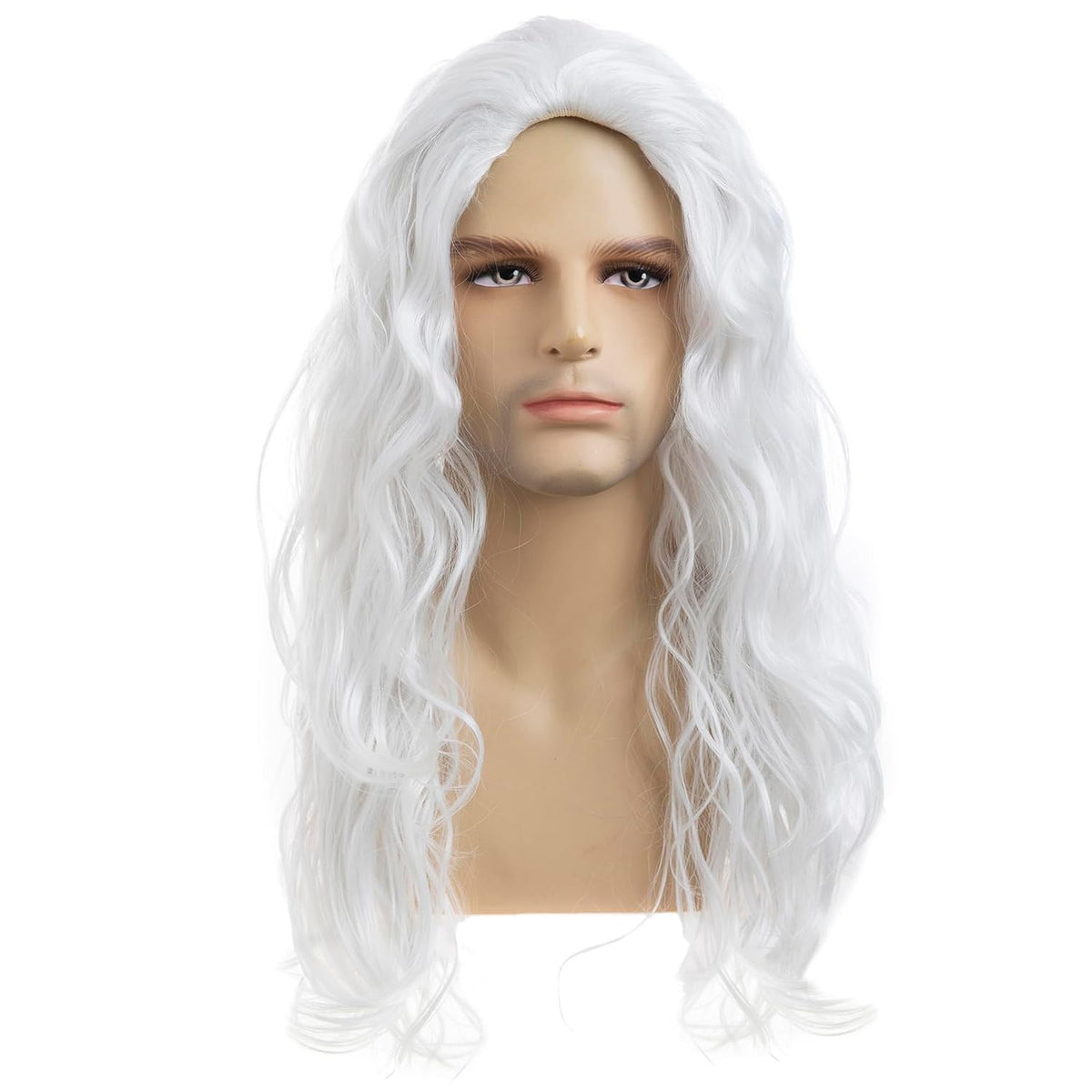 Long Curly White Wigs for Men Synthetic Halloween Cosplay Party Costume