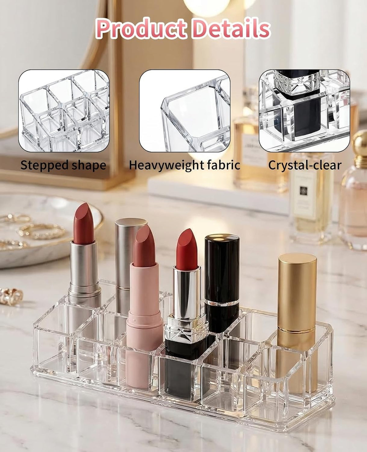 2 Pack Clear Acrylic Lipstick Organizer with 12 Slots for Makeup Storage