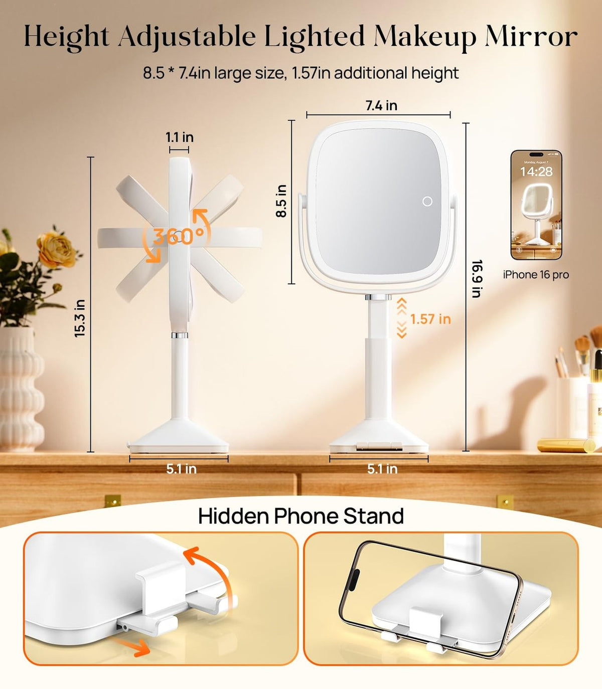 Lighted Magnifying Mirror with Lights & Phone Stand - Height Adjustable, 10X/1X