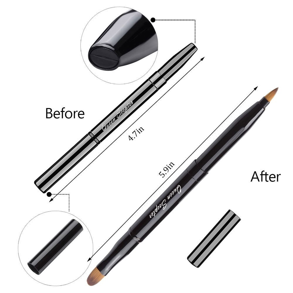 Retractable Lip Brush Dual End Makeup Tool - Portable Black Cosmetic Brush