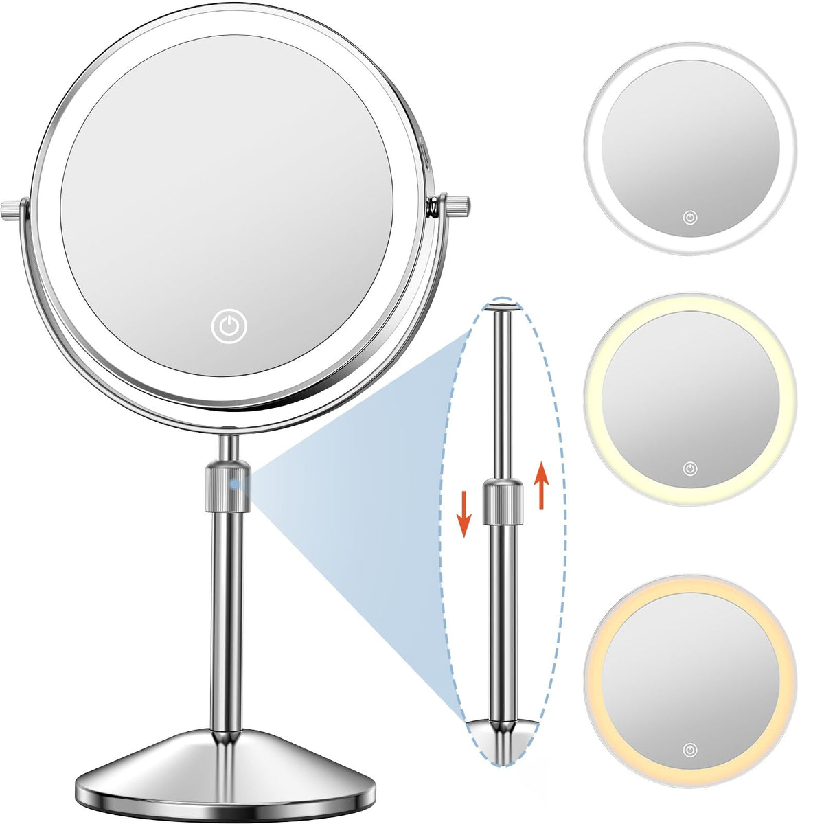 7-Inch Rechargeable Double Sided Lighted Vanity Mirror with 10X Magnification & Adjustable Height
