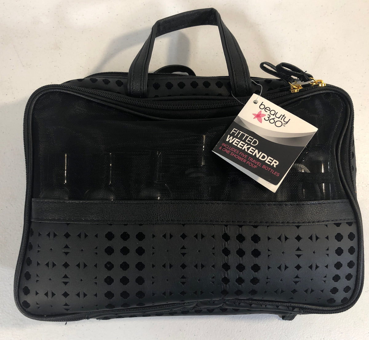 Travel Fitted Weekender Bag with 5 Bottles & Shower Poof - Black