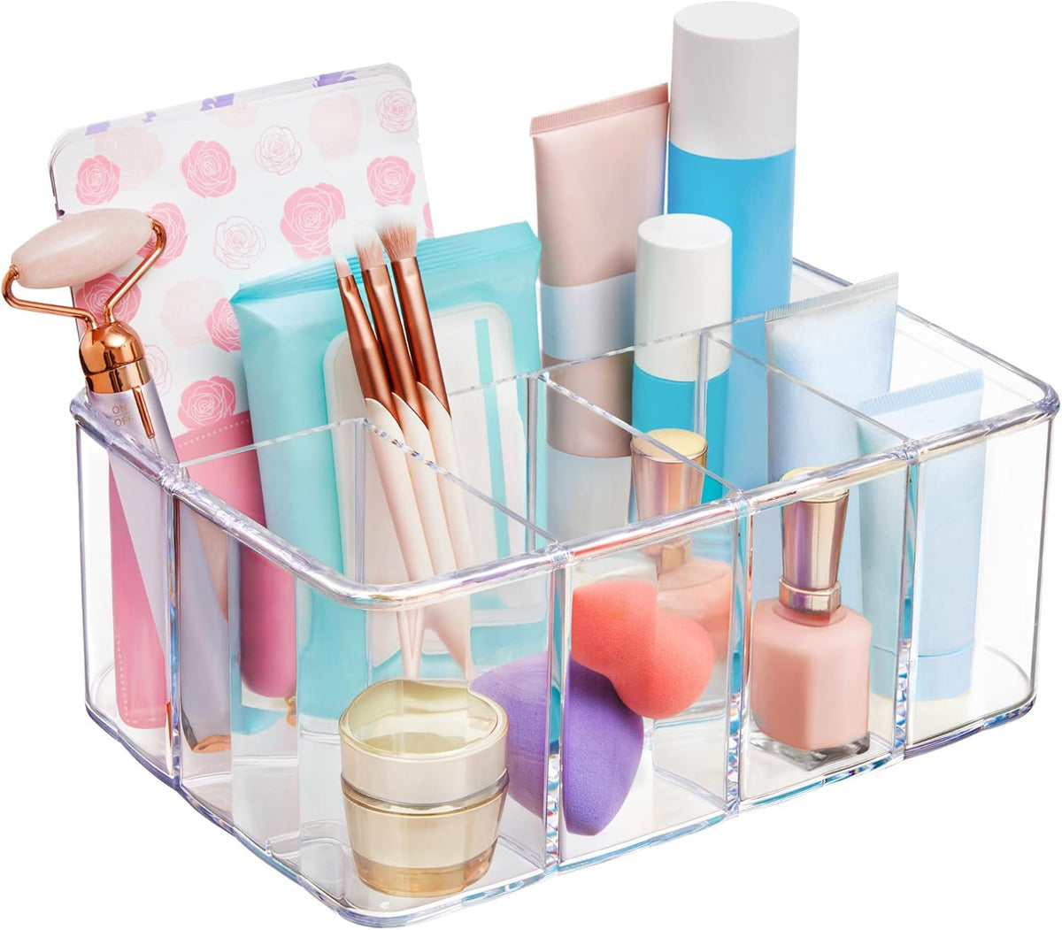 5-Compartment Clear Plastic Makeup Organizer for Vanity and Bathroom