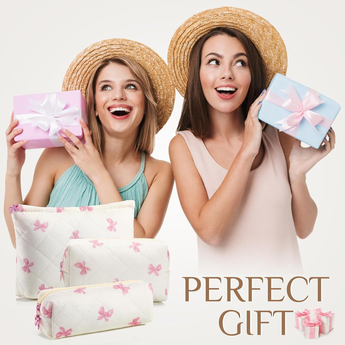 3-Piece Quilted Cotton Makeup Bag Set with Floral & Bow Design, Travel Cosmetic Organizer