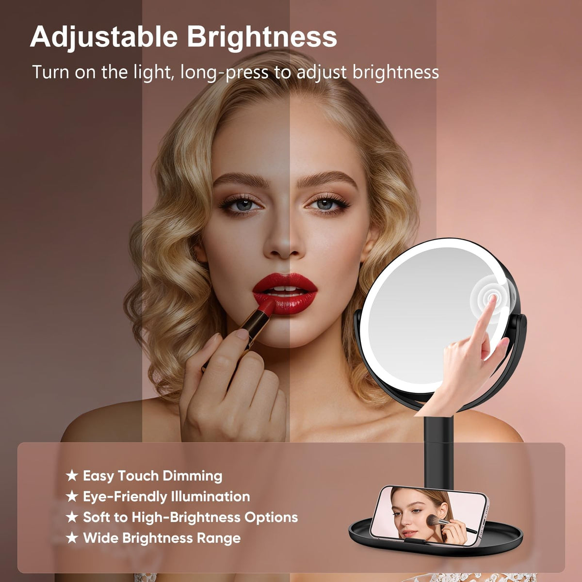 Lighted Makeup Mirror with 10X Magnification, Rechargeable LED, Adjustable Brightness