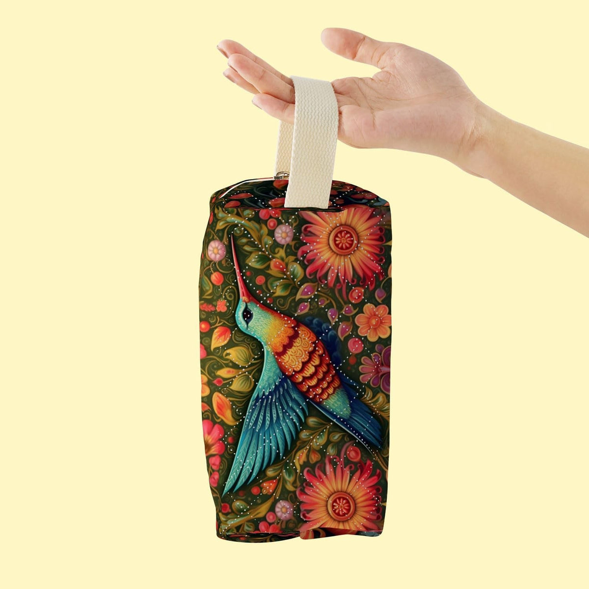 Velvety Quilted Makeup Pouch with Hummingbird Print for Travel and Organization