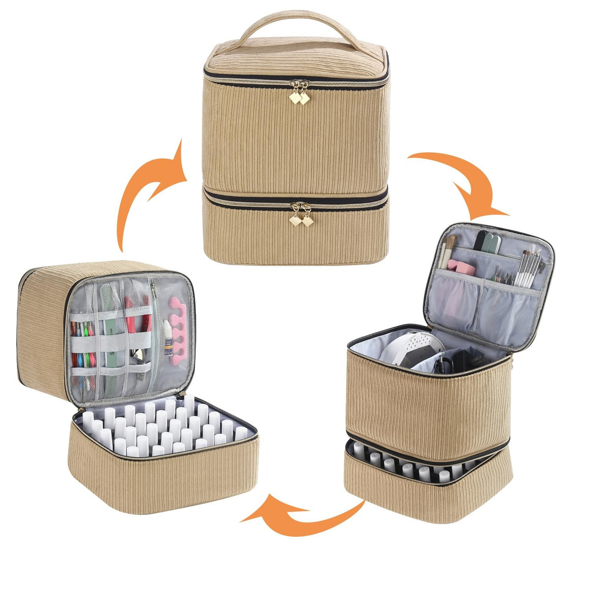 Corduroy Nail Polish & Manicure Tool Organizer Case for 30 Bottles - Brown