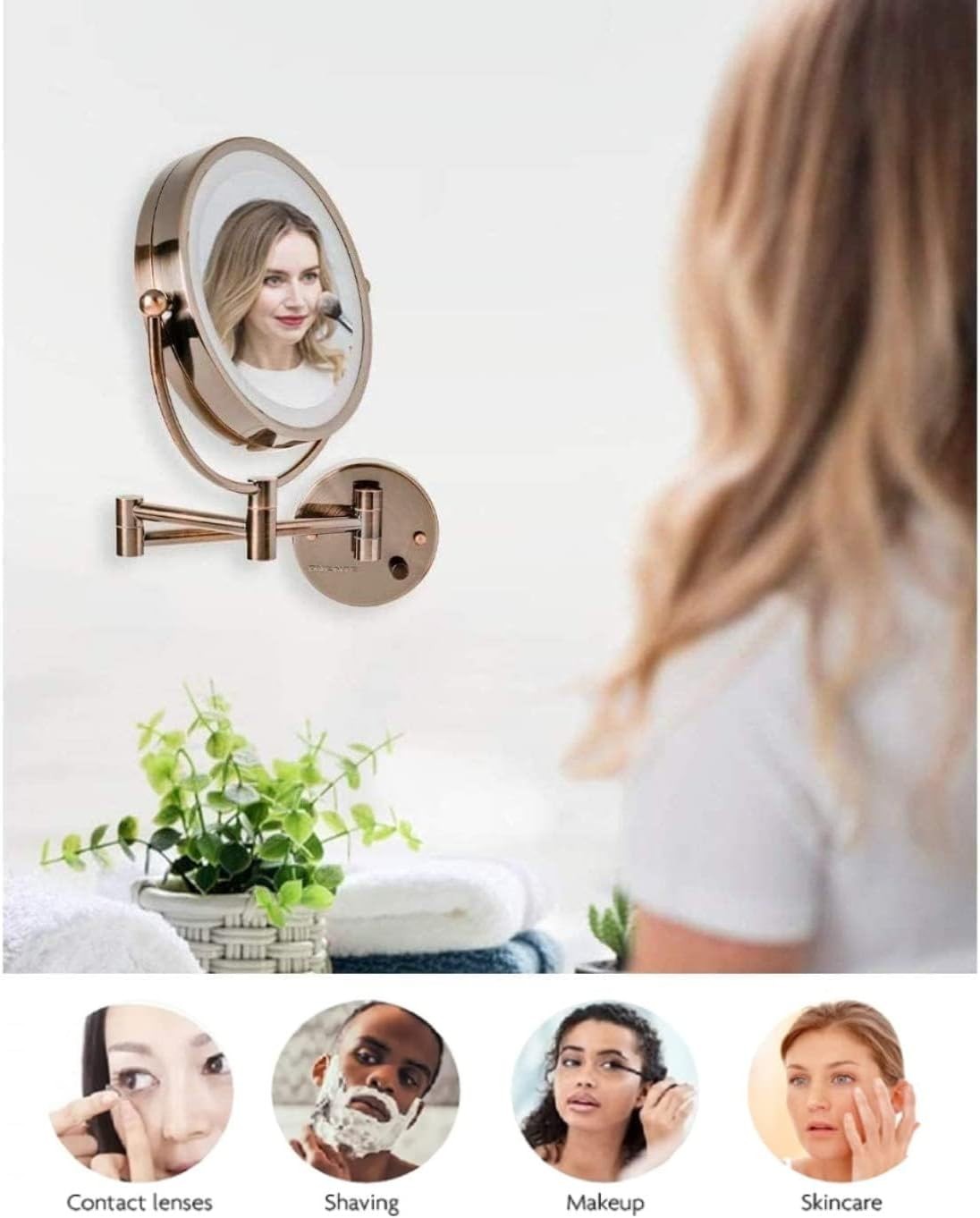 Wall Mounted Lighted Makeup Vanity Mirror 9-inch Double Sided 1X/7X Magnification