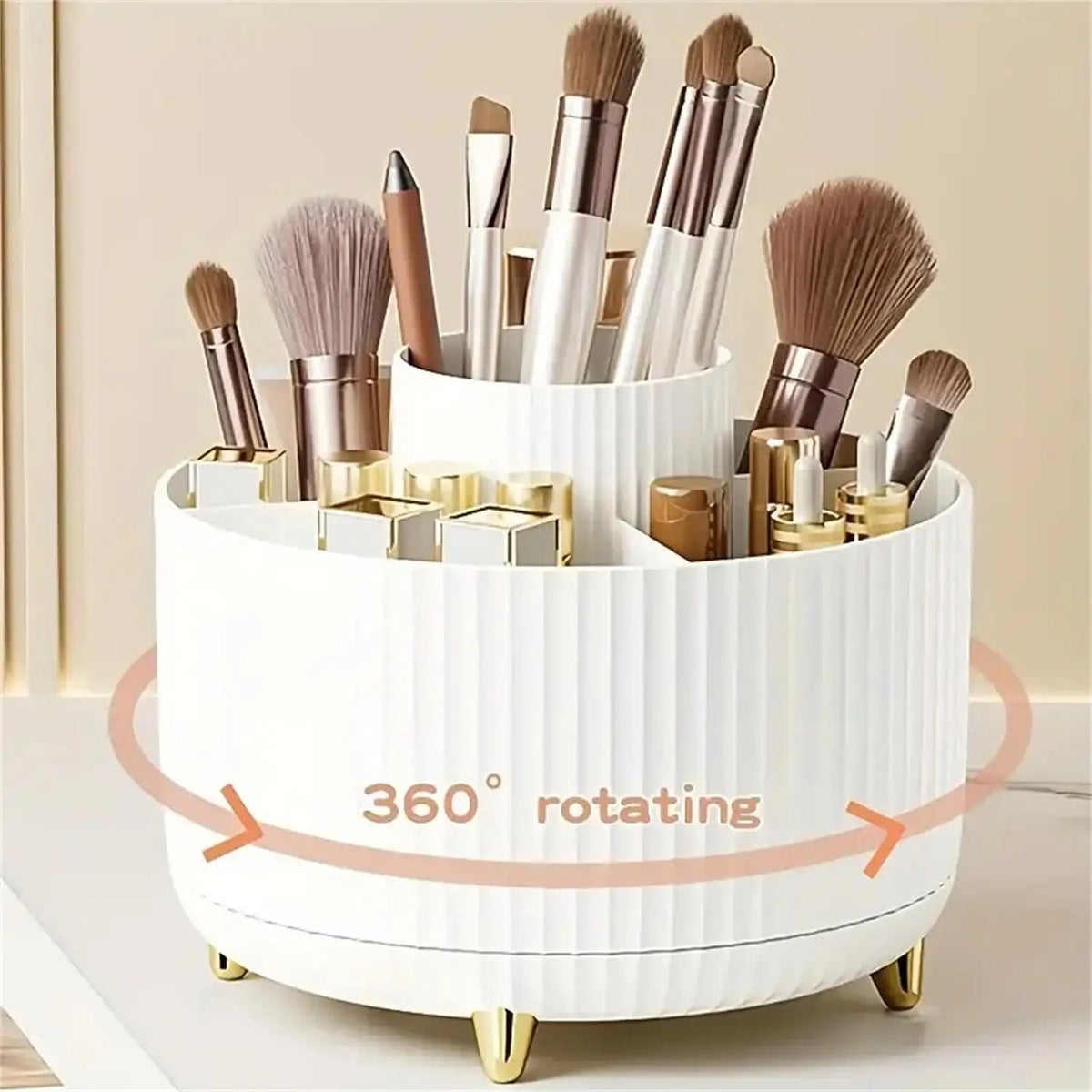 Rotating Makeup Organizer with Brush Holder and Perfume Tray - Elegant Storage Solution