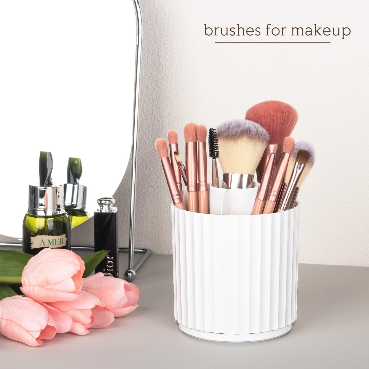 360° Rotating Makeup Brush Organizer with Compartments - Spinning Cosmetics Storage
