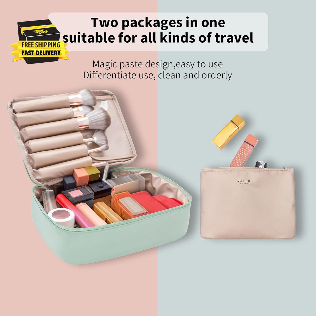 Travel Makeup Bag with Detachable Cosmetic Pouch Waterproof Organizer for Women & Men - Green