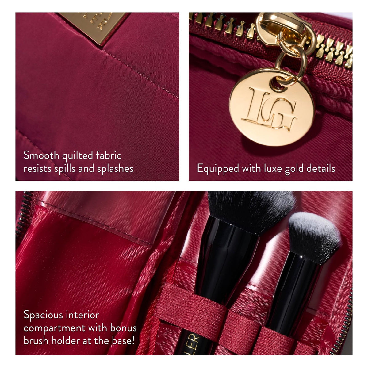 Quilted Makeup Bag with Brush Case - Burgundy Toiletry Organizer