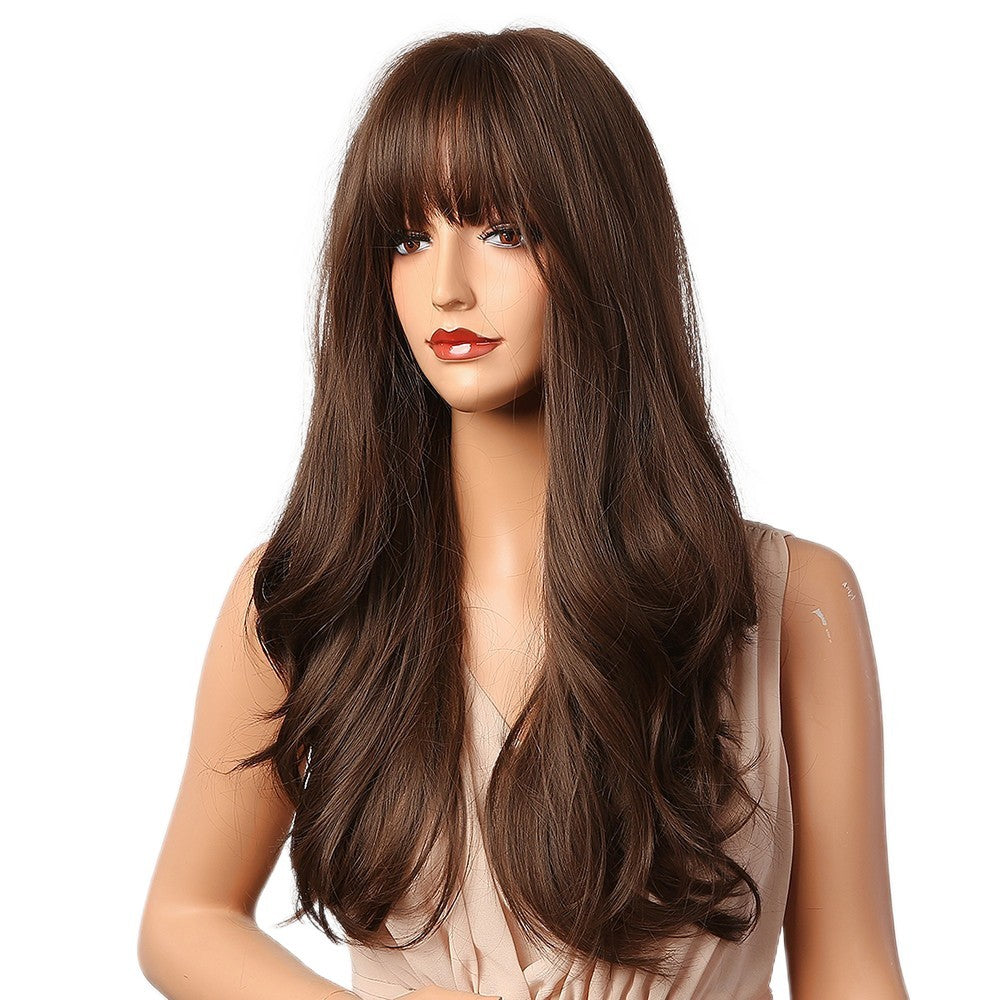 Dark Brown Costume Wig with Bangs - Synthetic, Long Wavy, Heat-Resistant
