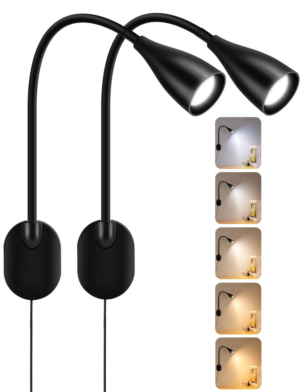2 Pack LED Wall Mounted Reading Lights with 5 Color Modes, Dimmable, USB Charging