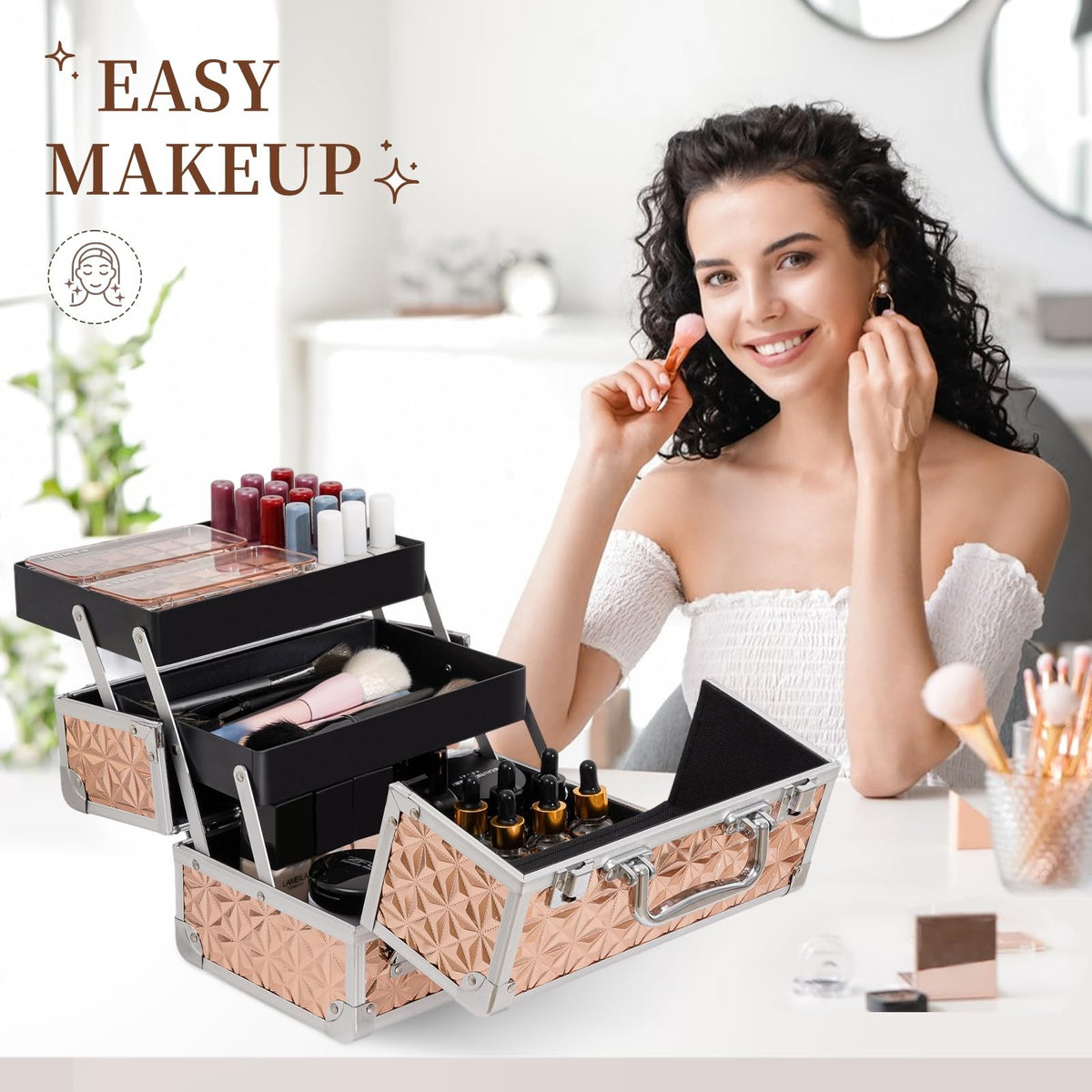 Lighted Makeup Train Case with Mirror Rose Gold Portable Organizer