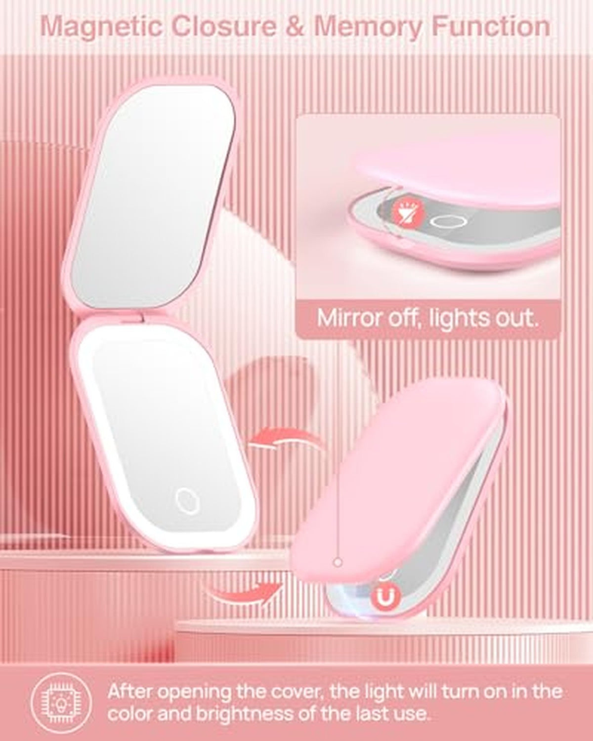 Lighted Travel Makeup Mirror - Compact Dimmable Magnifying with USB Pink