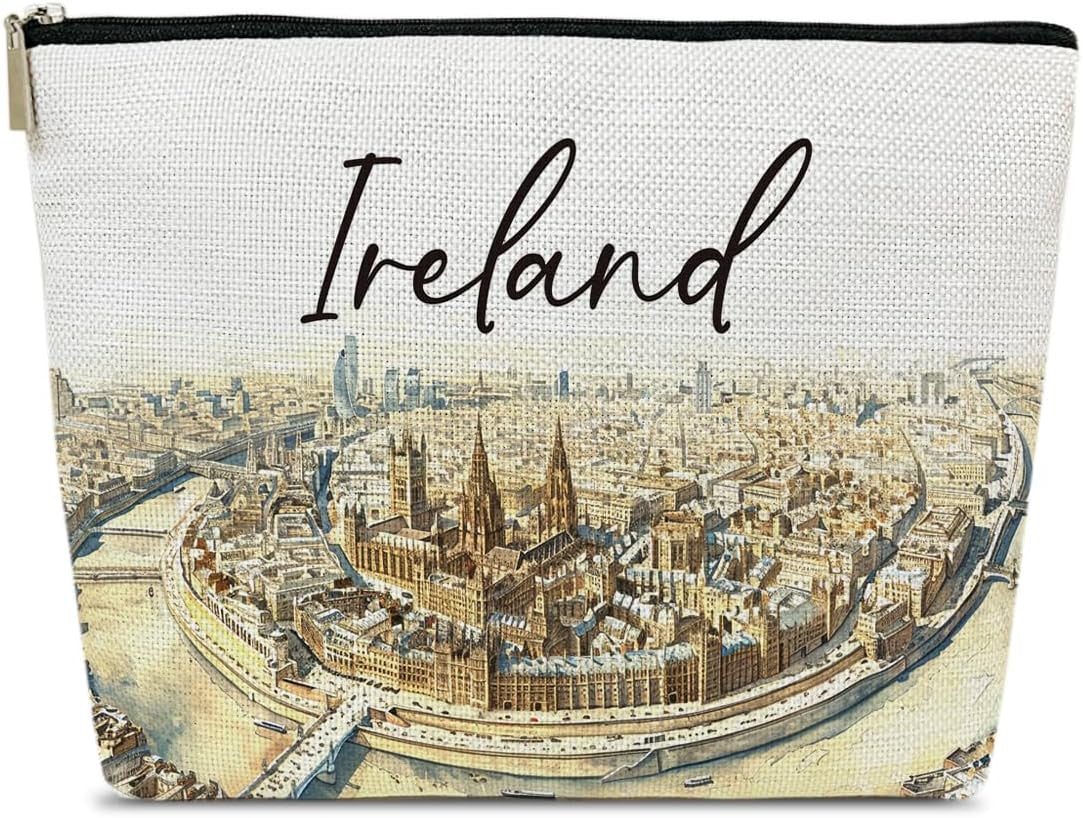 Ireland Travel Makeup Bag - Watercolor City Cosmetic Organizer, Waterproof