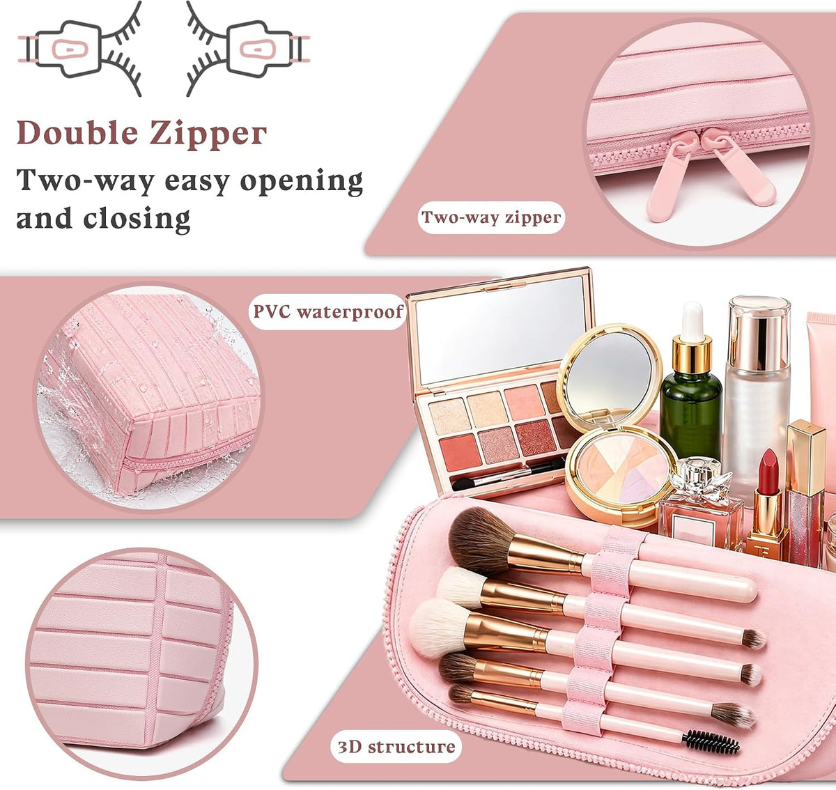 Travel Vertical Makeup Bag with Fold-Down Design & Adjustable Dividers - Waterproof Silicone Organizer