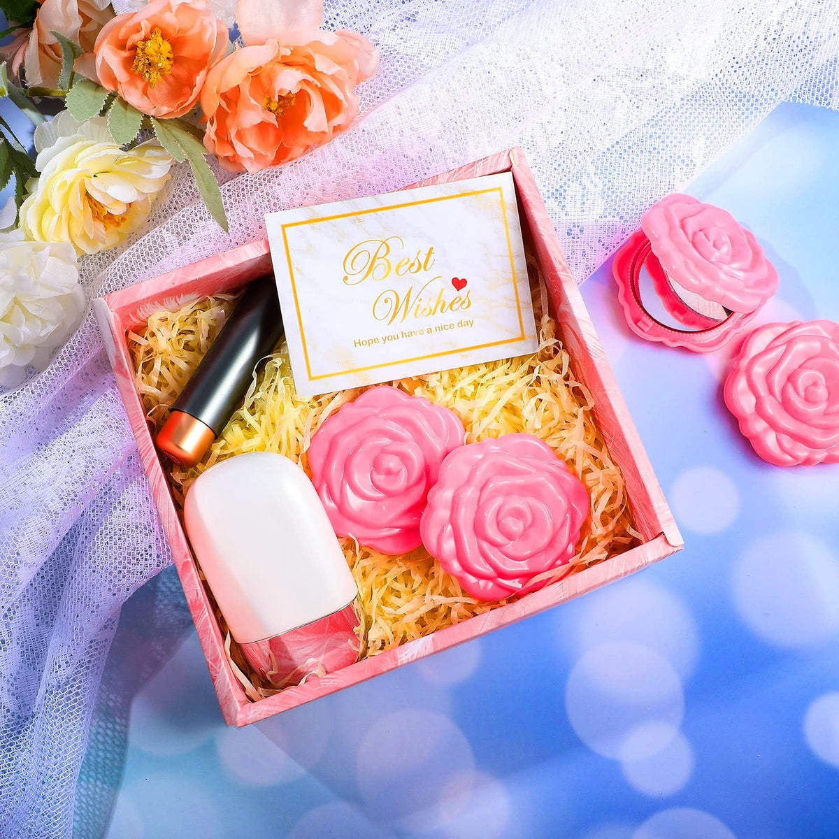 Pink Rose Compact Mirror Set - 20 Pack Travel Makeup Mirrors for Bridesmaids & Gifts