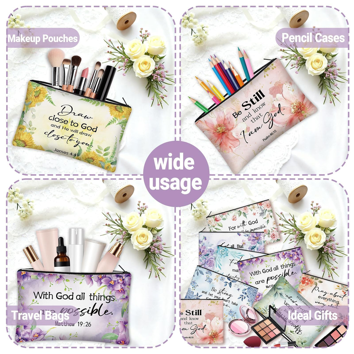 Christian Makeup Bags with Inspirational Floral Quotes - Religious Gift Pouch