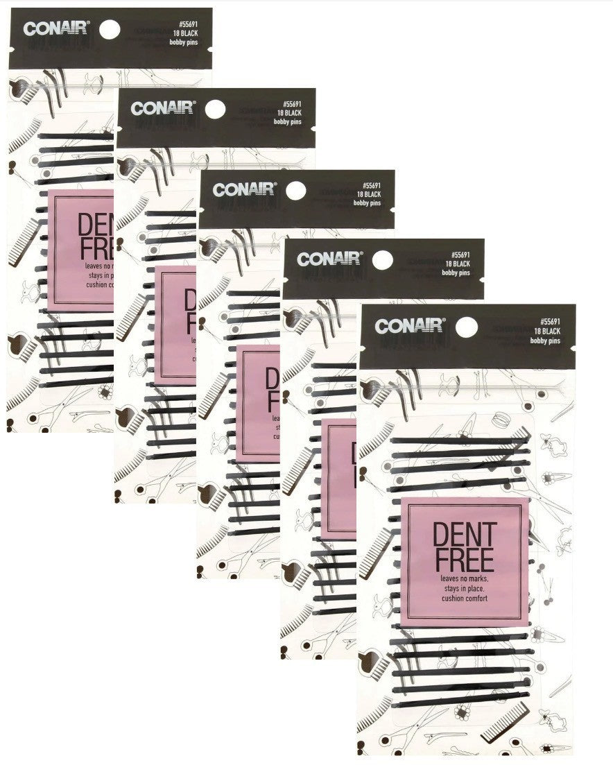 Lot of 5 Conair Dent Free Bobby Pins, Black, 18 Ct Each Total 90 Pins
