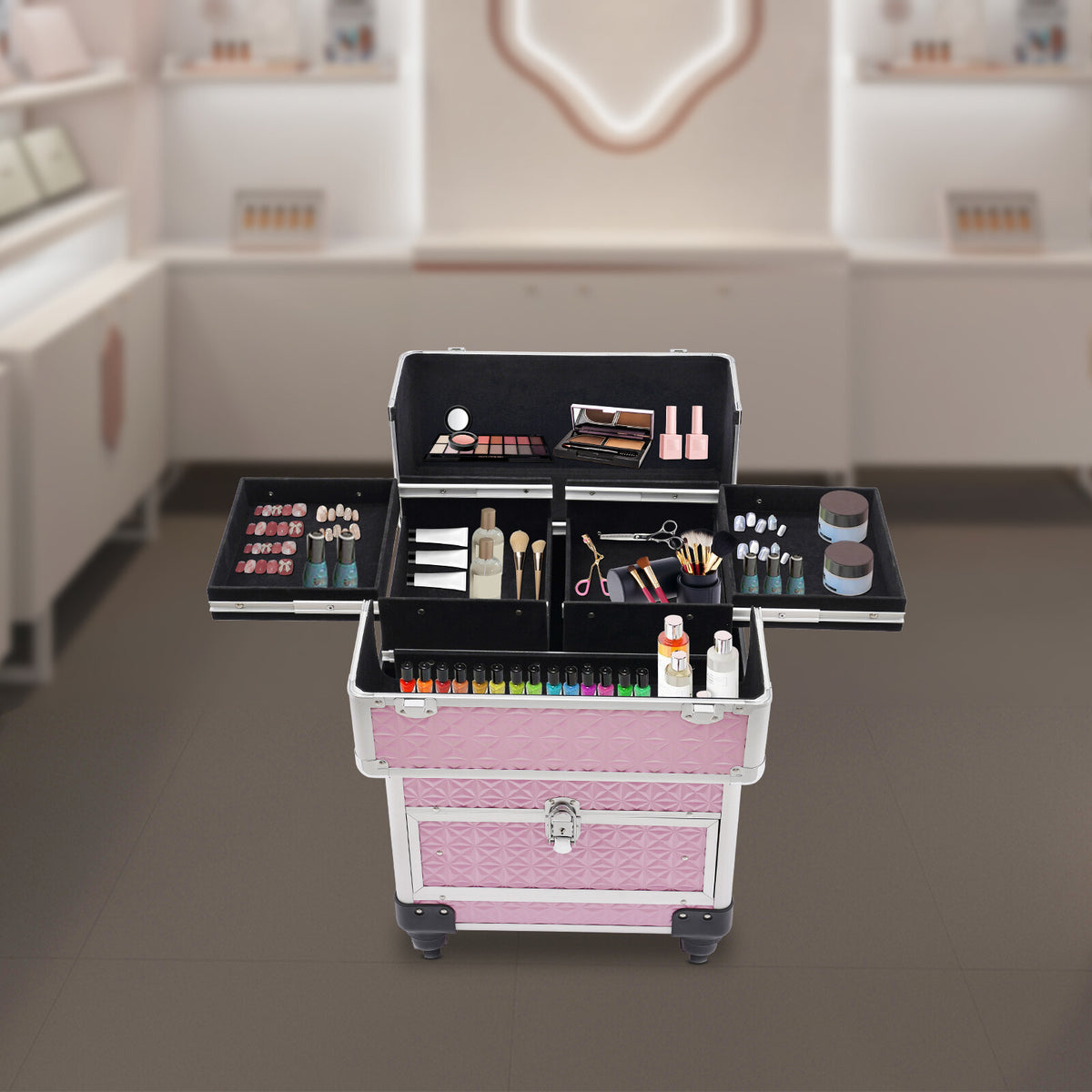 Rolling Makeup Train Case Cosmetic Organizer with Wheels & Storage