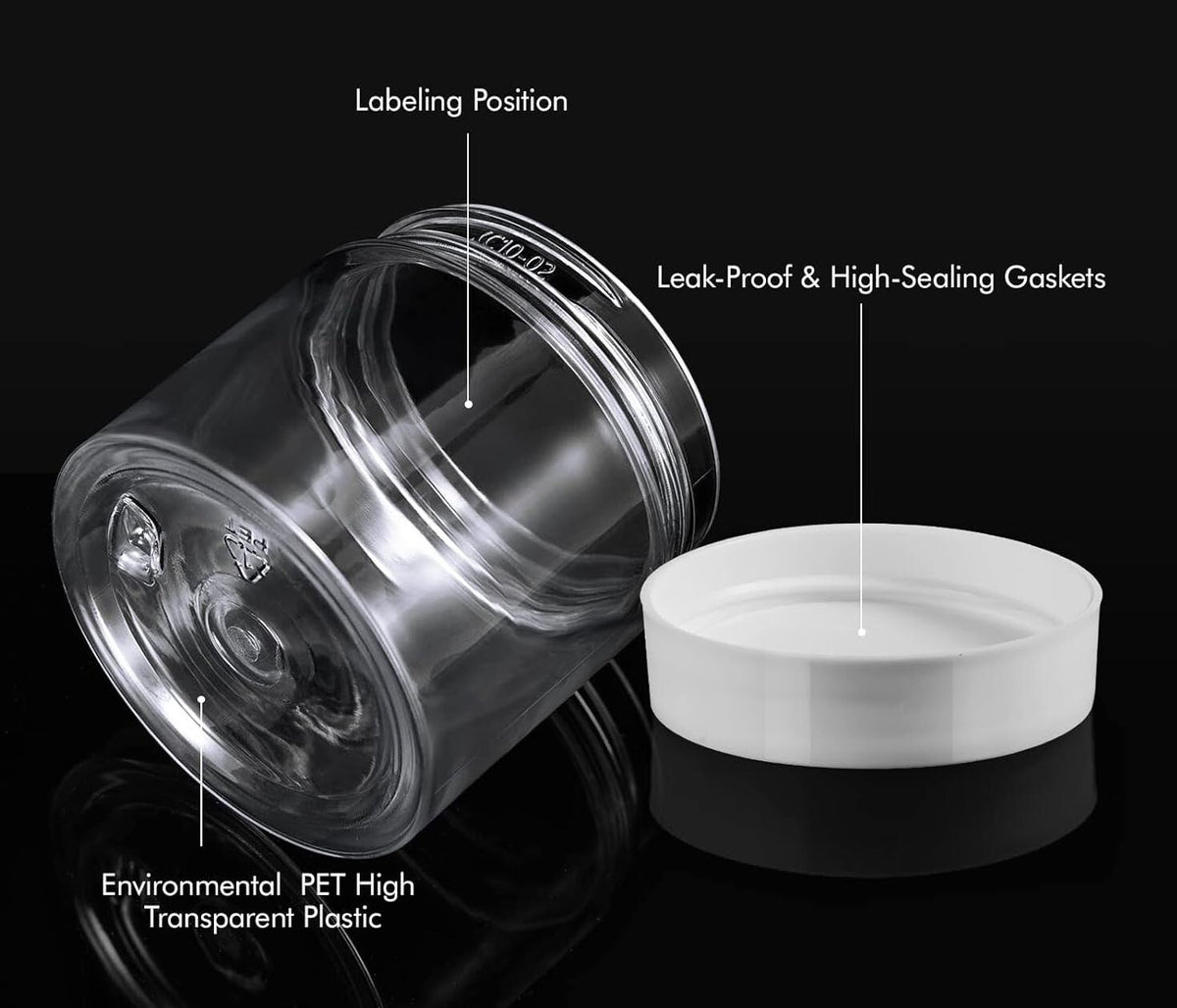 36 Pack 2oz Clear Plastic Cosmetic Jars with White Lids - Food Safe & Leakproof