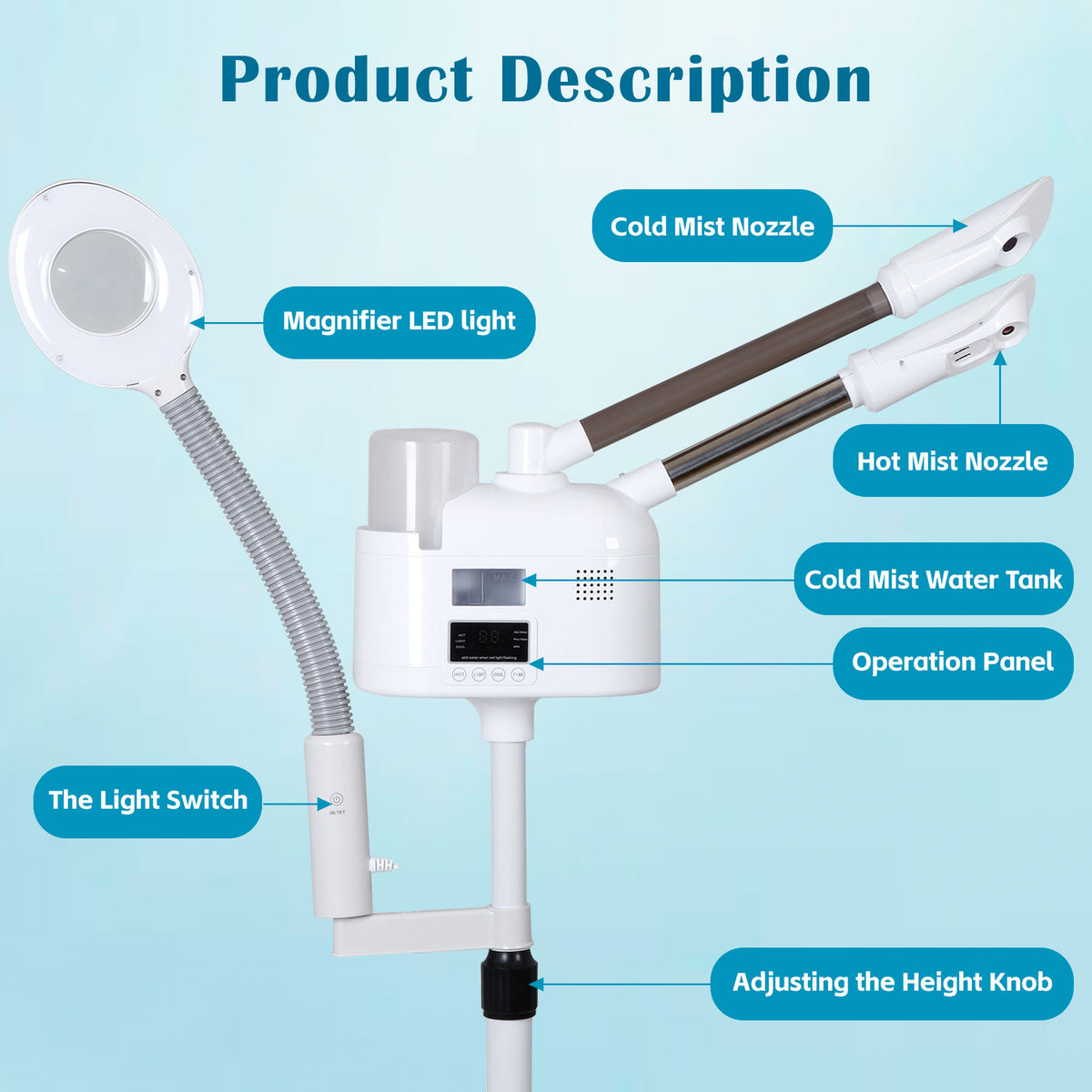 3 in 1 Facial Steamer with Hot/Cold Nozzle 5X LED Magnifying Lamp