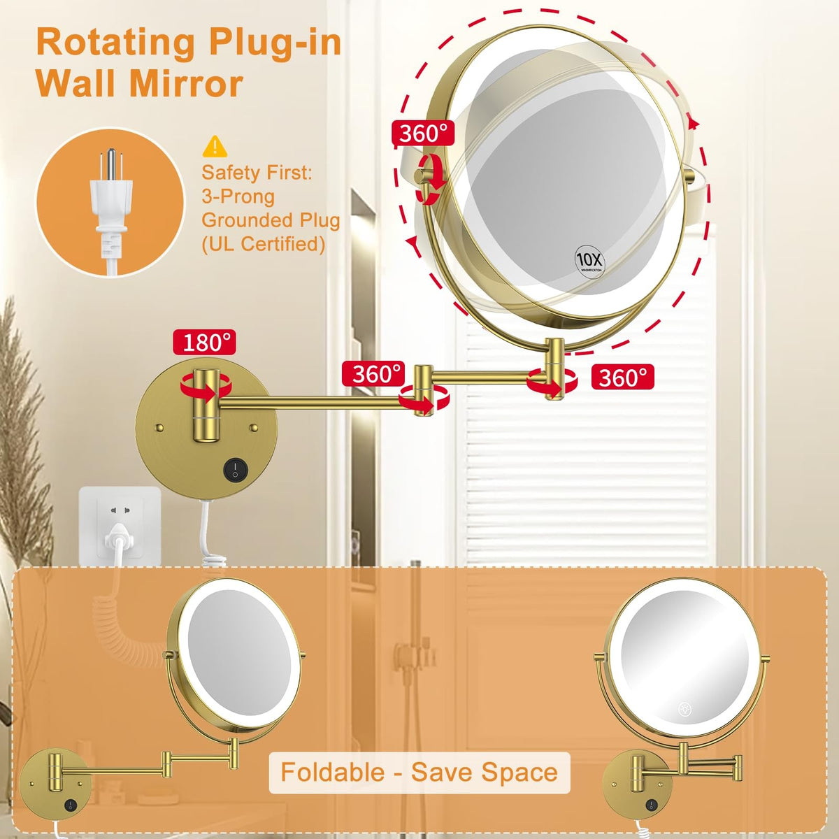 9-Inch Wall Mounted Lighted Makeup Mirror with 10X Magnification, LED Adjustable Brightness