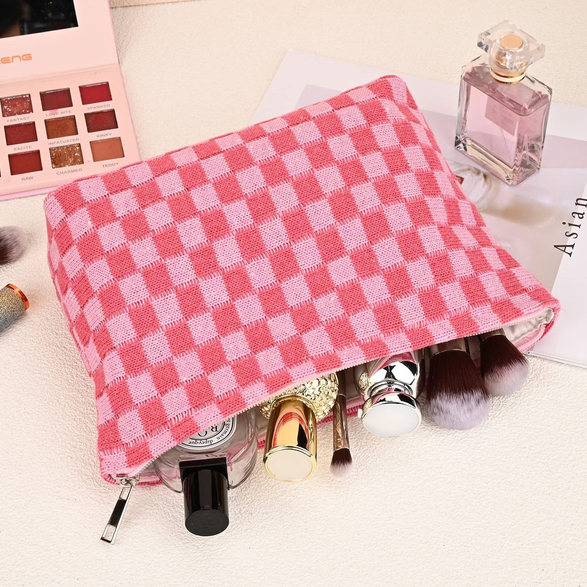 Large Checkered Travel Makeup Bag Set - Water-Resistant & Foldable for Women