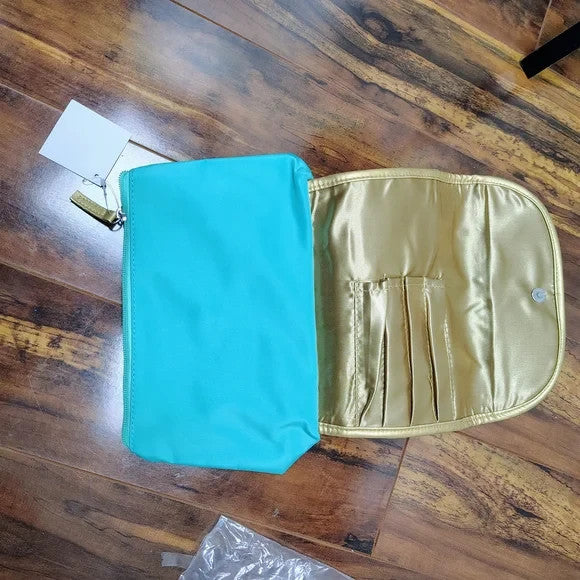 Teal Green Cosmetic Bag with Gold Trim and Snap Closure - Brush Holder