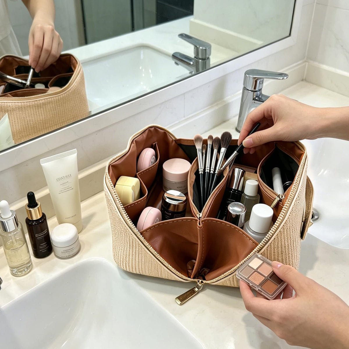 Travel Makeup Bag with Compartments Flat Open Cosmetic Pouch for Women