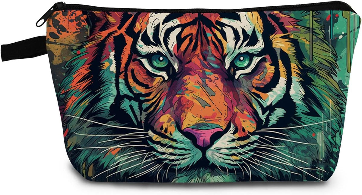 Tiger Print Small Cosmetic Bag - Sunflower Ginger Cat Makeup Organizer Zipper Pouch