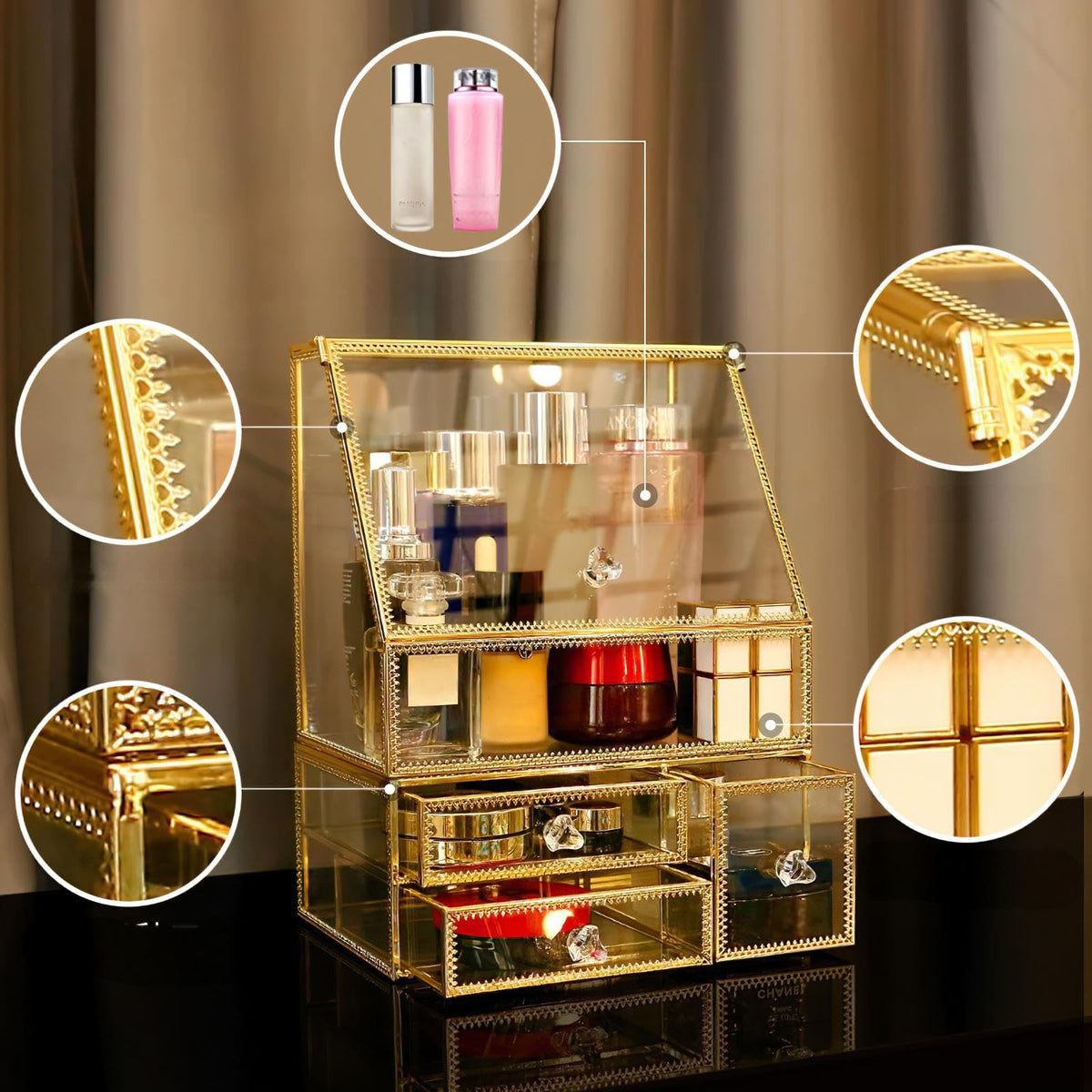 Large Glass Makeup Organizer Set - 16in Beauty Storage & Display with Pearl