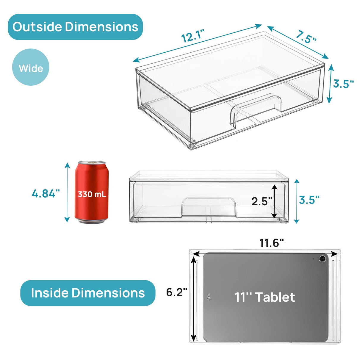 Clear Stackable Storage Drawers - 2 Pack Wide Plastic Organizers